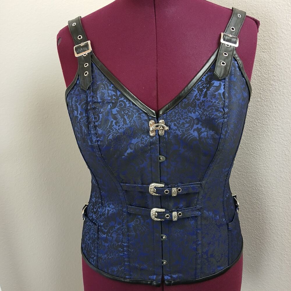 Kimring Corset XXL Gothic Steampunk Brocade Overbust Steel Boned Bustier Blue - Picture 13 of 13